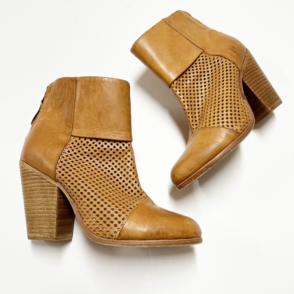 Rag & Bone Womens Tan Laser Cut Ankle Zip Up Stacked Heel Newbury Boots Sz 39